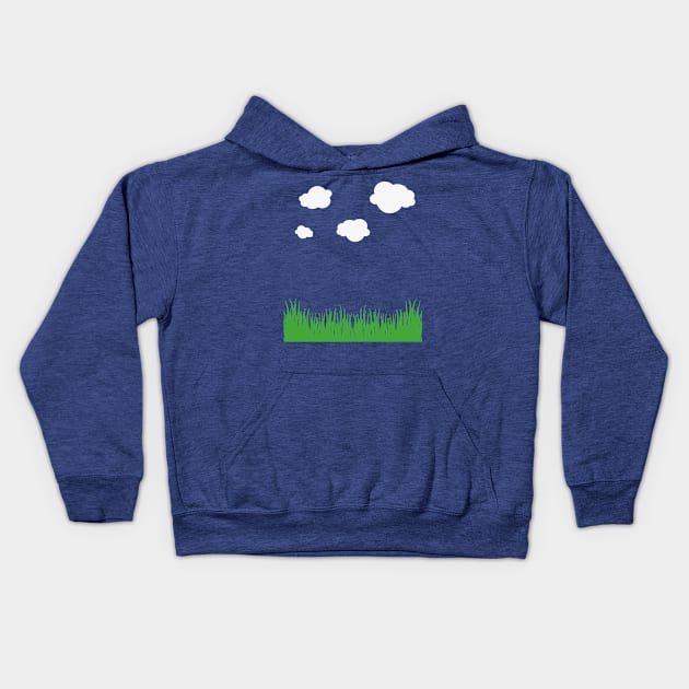 cloud and grass, white clouds green grass blue tee, sky t-shirt, blue sky cloud and grass, retro 8-bit clouds Kids Hoodie by OurCCDesign